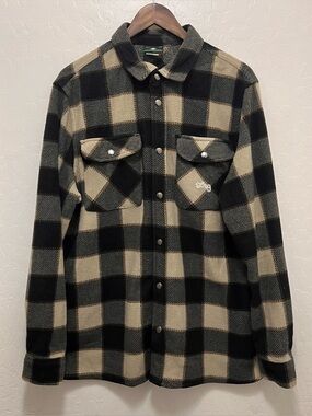LRG Black Tan Buffalo Plaid Fleece Shacket Button Up Shirt Jacket Mens Size XL
